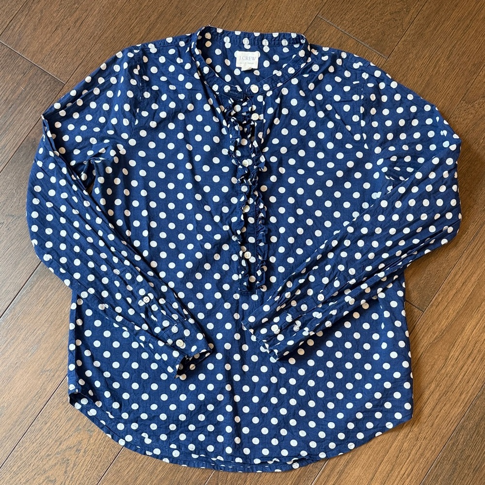 J. Crew Blue Polka Dot Blouse with Ruffle Detail Size Small C2-010